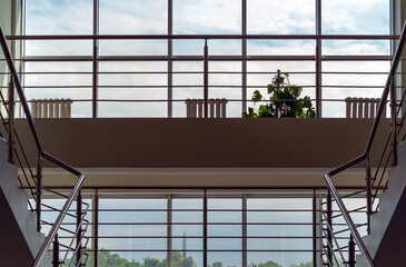 Large windows and stairs in an office building