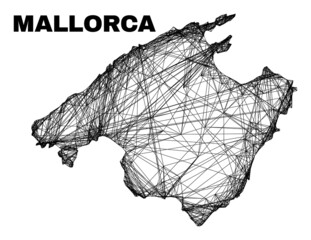 Wire frame irregular mesh Mallorca map. Abstract lines form Mallorca map. Linear frame flat net in vector format. Vector model is created for Mallorca map using intersected random lines.