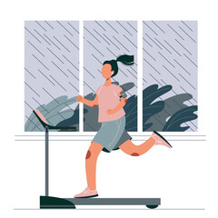Stylish cartoon woman on a running track at home. A bad weather outside the window. Active modern girl with headphones and sports gadget on her hand.