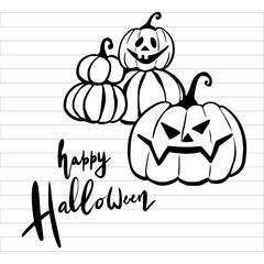 Pumpkins pile with a scary faces and lettering on a lined notebook background. Happy Halloween party design print card, invitation, banner. Funny hand drawing style vector illustration.