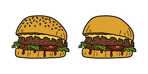 Burger icon set. Hamburger or sandwich colorful sketch. Fast food concept. Vector illustration.