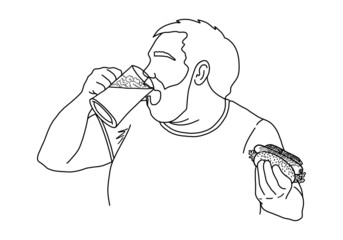 Fat man drinking beer and eating a hot dog. A Bearded man holding a beer mug and a hamburger. Outline sketch. Vector illustration.