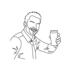 Smiling men holding a beer glass in his hand. Outline sketch. Drinking beer and toasting concept. Party, celebration concept. Vector illustration.