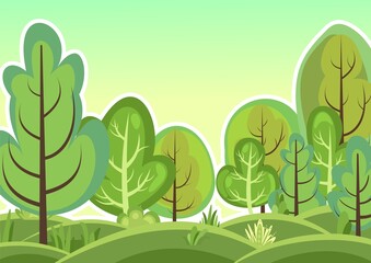 Flat forest. Illustration in a simple symbolic style. Funny green rural landscape. Hills. Comic design. Wild thickets. Cute scene with trees. Cartoon Vector