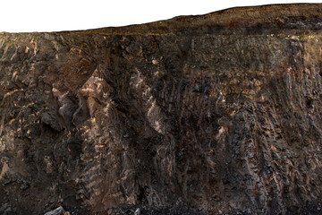 Grunge old rustic vintage relief of rural stony cliff. Uneven aged quarry bluff of geology hard strata. Crannied bumpy stiff tectonic land hillside.Dirtied shabby rough craggy medieval country design