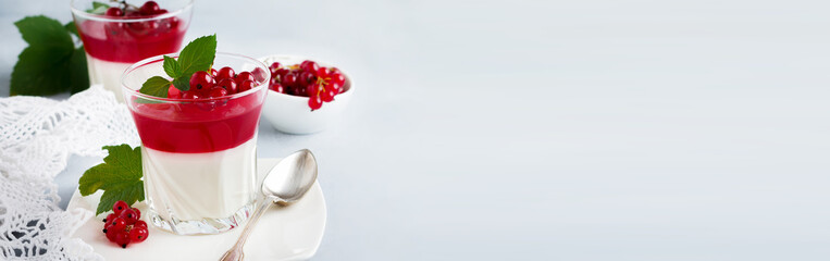 Panna cotta with red currant jelly in vintage glasswith leaves of mint and berries on gray stone or concrete background. Traditional Italian dessert. Selective focus