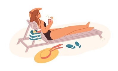 Woman lying on chaise lounge, sunbathing and relaxing with cocktail in hands on summer holidays. Female in swimsuit resting on sunbed on beach. Flat vector illustration isolated on white background