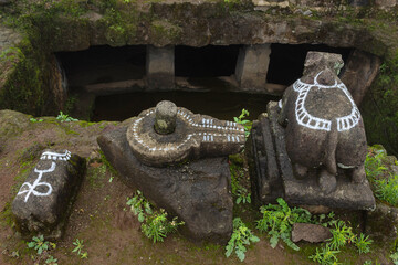 Lord shiva and Nandi idols on the top of the fort, Tikona Fort, Pune, Maharashtra, India.