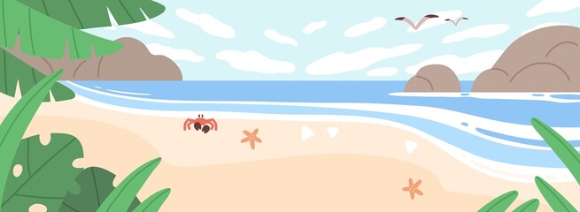 Summer landscape with sea coast, sand beach, sky and rocks. Horizontal seascape with sandy ocean shore, crab, seagulls and clouds on horizon. Seashore panoramic view. Flat vector illustration - obrazy, fototapety, plakaty