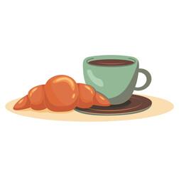 Cup of coffee with croissant. Breakfast concept. Vector illustration. Greeting postcards. Premade Compositions.