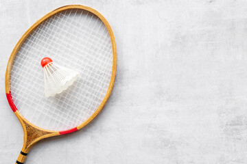 Sports eguipment of badminton racket and shuttlecock, top view