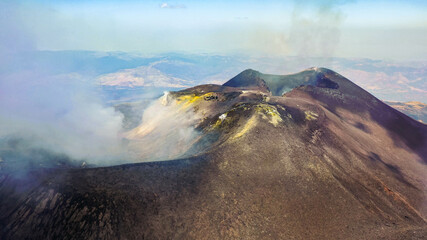Crater Etna top view from above with smoke -Sicily