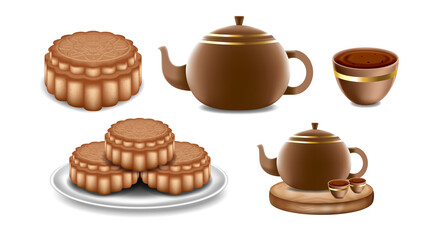 Mid Autumn festival with chinese tea pot, mooncake on isolated white Background.