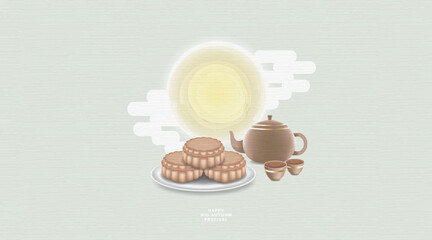 Mid Autumn festival with chinese tea pot and moon, mooncake on pastel color Background.