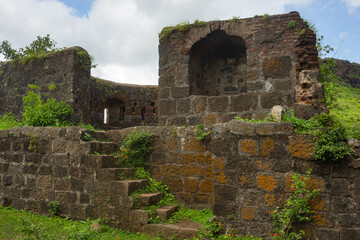 Inside view of old ruined protection wall of Dhodap fort, Nashik, Maharashtra, India. Second highest fort in the Sahyadri mountains