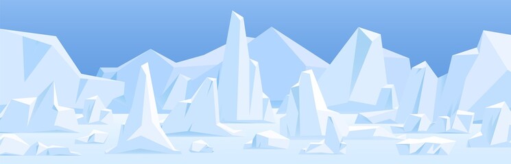 Northern polar landscape with icebergs in snow. Arctic ice bergs, glaciers at North Pole. Panoramic view of cold nature scenery with frozen peaks, snowy land and sky. Flat vector illustration