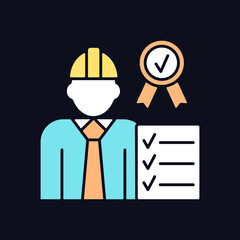 Quality control manager RGB color icon for dark theme. Production inspector. High quality products. Isolated vector illustration on night mode background. Simple filled line drawing on black