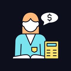 Accountant RGB color icon for dark theme. Financial records. Accountitng and analysis. Bookkeeper occupation. Isolated vector illustration on night mode background. Simple filled line drawing on black