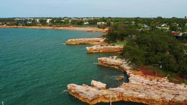 Scenery Of Coastal Cliffs On Nightcliff Pier At Darwin In Northern Territory, Australia. - Aerial Drone Shot