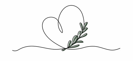 Vector for drawing a paper plane with a one line. A continuous, hand-drawn romantic heart with tropical leaves. minimalism, vector art illustration. for paper, print, banner, card