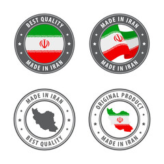 Obraz premium Made in Iran - set of labels, stamps, badges, with the Iran map and flag. Best quality. Original product.