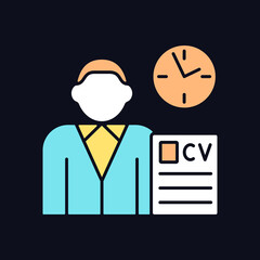 Job applicant RGB color icon for dark theme. Apply for new job. Send resume. Recruitment process. Isolated vector illustration on night mode background. Simple filled line drawing on black