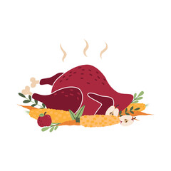Appetizing baked turkey with vegetables. Traditional dish for Thanksgiving dinner. Cartoon flat icon with autumn item. Object, clipart, element for card, poster, banner, sticker for harvest day.