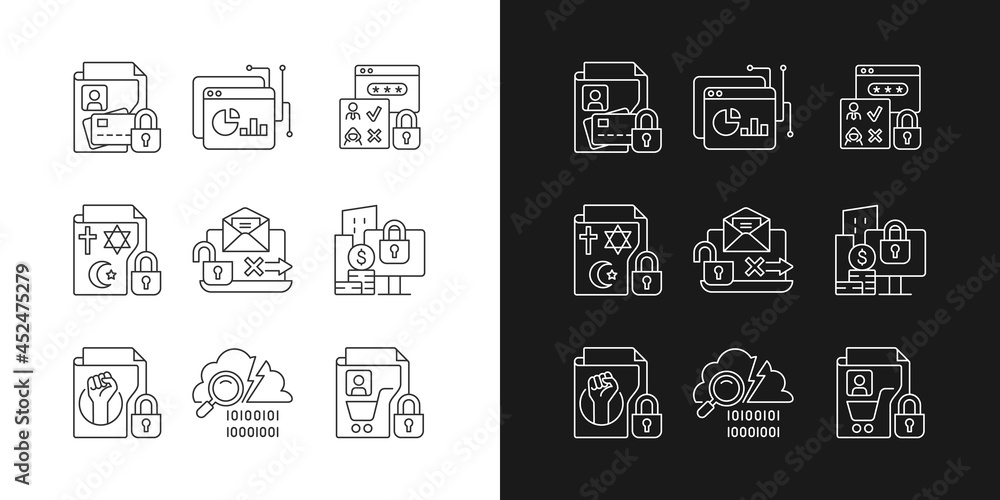 Poster personal information linear icons set for dark and light mode. financial data. analytical tool. auth