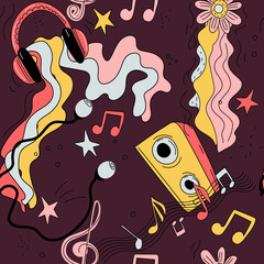 doodle vector seamless pattern. Hippie music cartoon illustrations. Disco party. Retro, vintage backdrop.