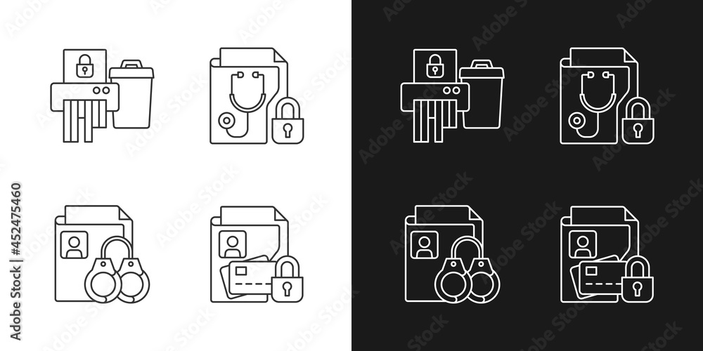 Wall mural Information sensitivity linear icons set for dark and light mode. Disposing documents. Criminal records. Customizable thin line symbols. Isolated vector outline illustrations. Editable stroke - Wall murals