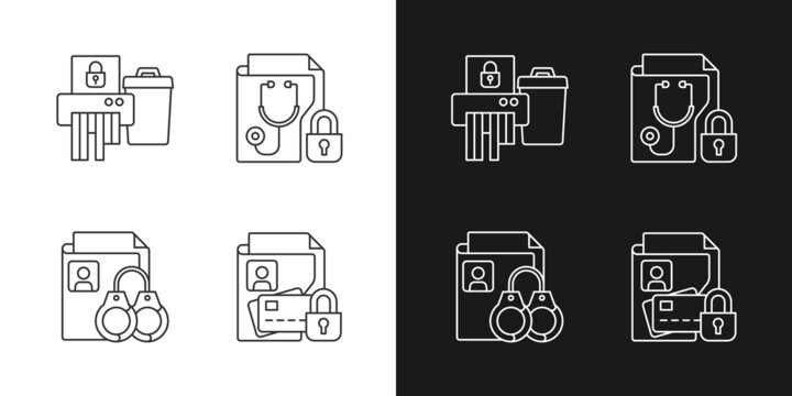Information sensitivity linear icons set for dark and light mode. Disposing documents. Criminal records. Customizable thin line symbols. Isolated vector outline illustrations. Editable stroke