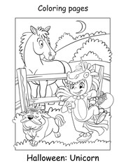 Coloring Halloween girl with a dog in unicorn costumes