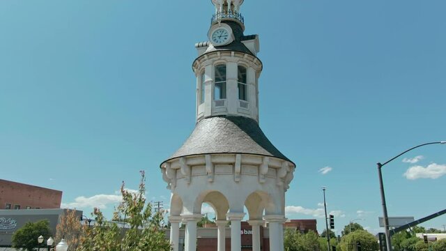 Aerial: Clock Tower in the town of Red Bluff, California, USA
