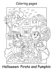 Coloring Halloween children in costumes of pumpkin and pirate