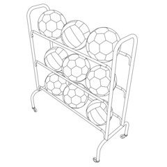 Set with contours of soccer and volleyball balls lying on a rack of black lines isolated on a white background. Isometric view. Vector illustration