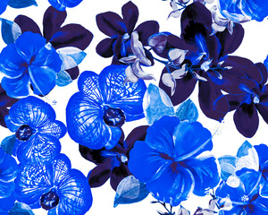 Fototapeta na wymiar Blue Botanical Garden. Navy Orchid Illustration. Azure Hibiscus Design. Flower Background. Watercolor Plant. Seamless Backdrop. Pattern Decor. Tropical Palm.
