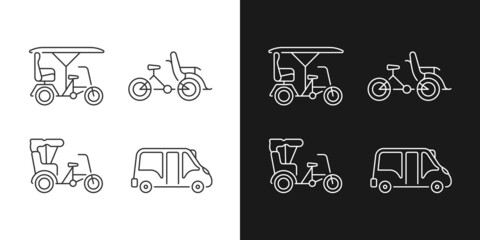 Booked taxi service linear icons set for dark and light mode. Venetian rowing boat. Electric car. Cargo van. Customizable thin line symbols. Isolated vector outline illustrations. Editable stroke