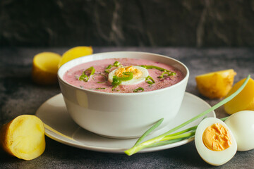 Borsch. Russian national dish. Delicious soup in a plate