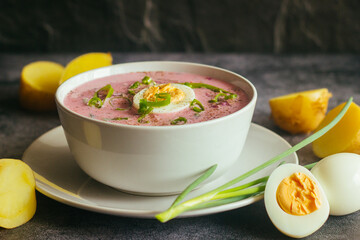 Borsch. Russian national dish. Delicious soup in a plate
