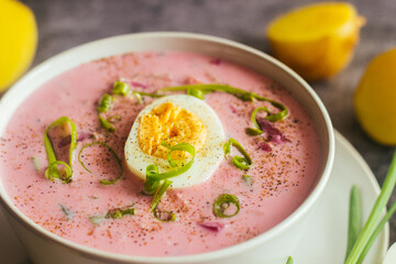 Borsch. Russian national dish. Delicious soup in a plate
