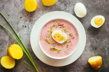 Borsch. Russian national dish. Delicious soup in a plate