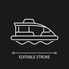 Obraz premium Water taxi white linear icon for dark theme. Traveling across harbour. Water bus. Ferry service. Thin line customizable illustration. Isolated vector contour symbol for night mode. Editable stroke