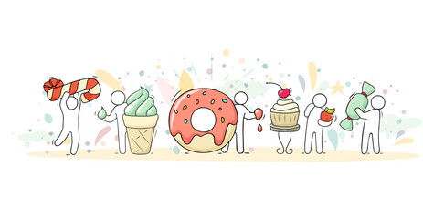 Cartoon set with little people and sweet food