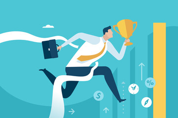 The Winner. Businessman achieves the goal. Tearing the finishing line. Business illustration