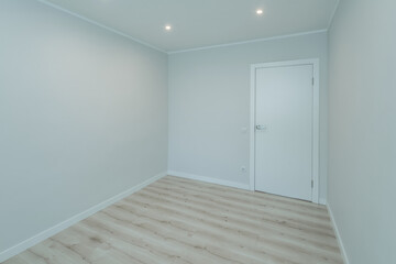 Contemporary interior of empty room in renovated apartment. White walls. Beige parquet. Closed door.