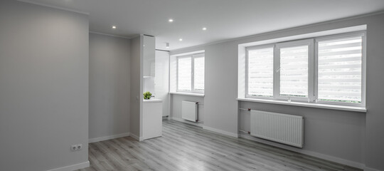 Modern light interior of renovated studio apartment without furniture in scandinavian style. Empty...
