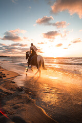 Riding a horse at sunset near the coast