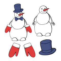 Funny Christmas snowman in blue top hat, bow tie and red mittens line art cartoon clipart