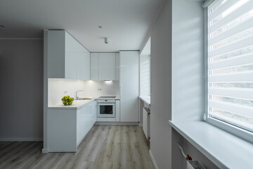 Fototapeta na wymiar Modern interior of renovated studio apartment without furniture. Front view of white kitchen with fridge and oven.