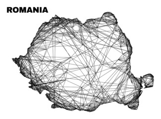 carcass irregular mesh Romania map. Abstract lines form Romania map. Wire carcass flat net in vector format. Vector model is created for Romania map using crossing random lines.